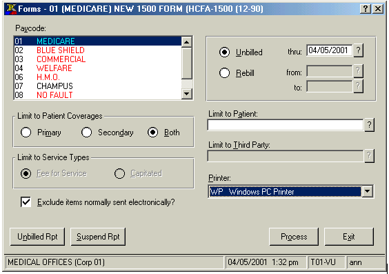 HCFA Form Selector