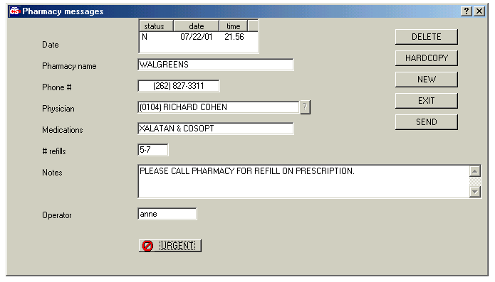 Pharmacy Message Entry