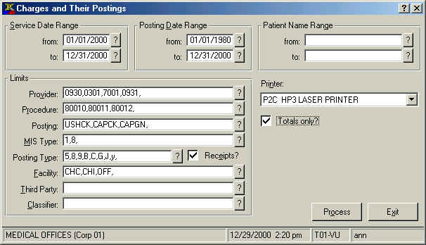 Charges & Their Postings Report Selector