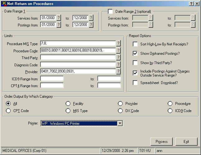 Net Return on Procedures Report Selector