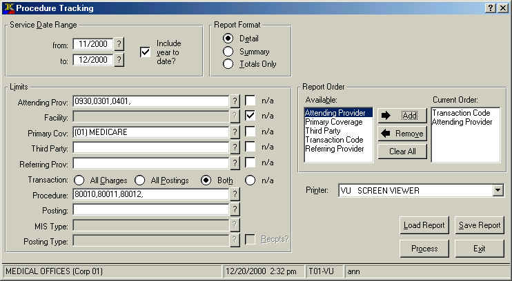 Procedure Tracking Report Selector